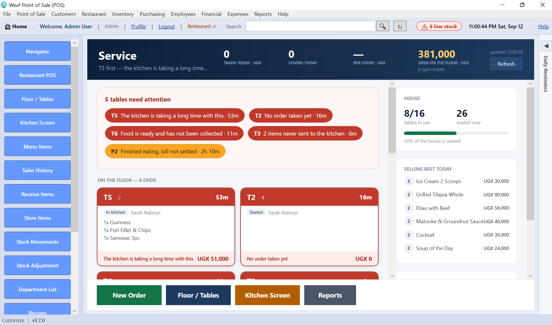 Weaf Point of Sale - restaurant service board